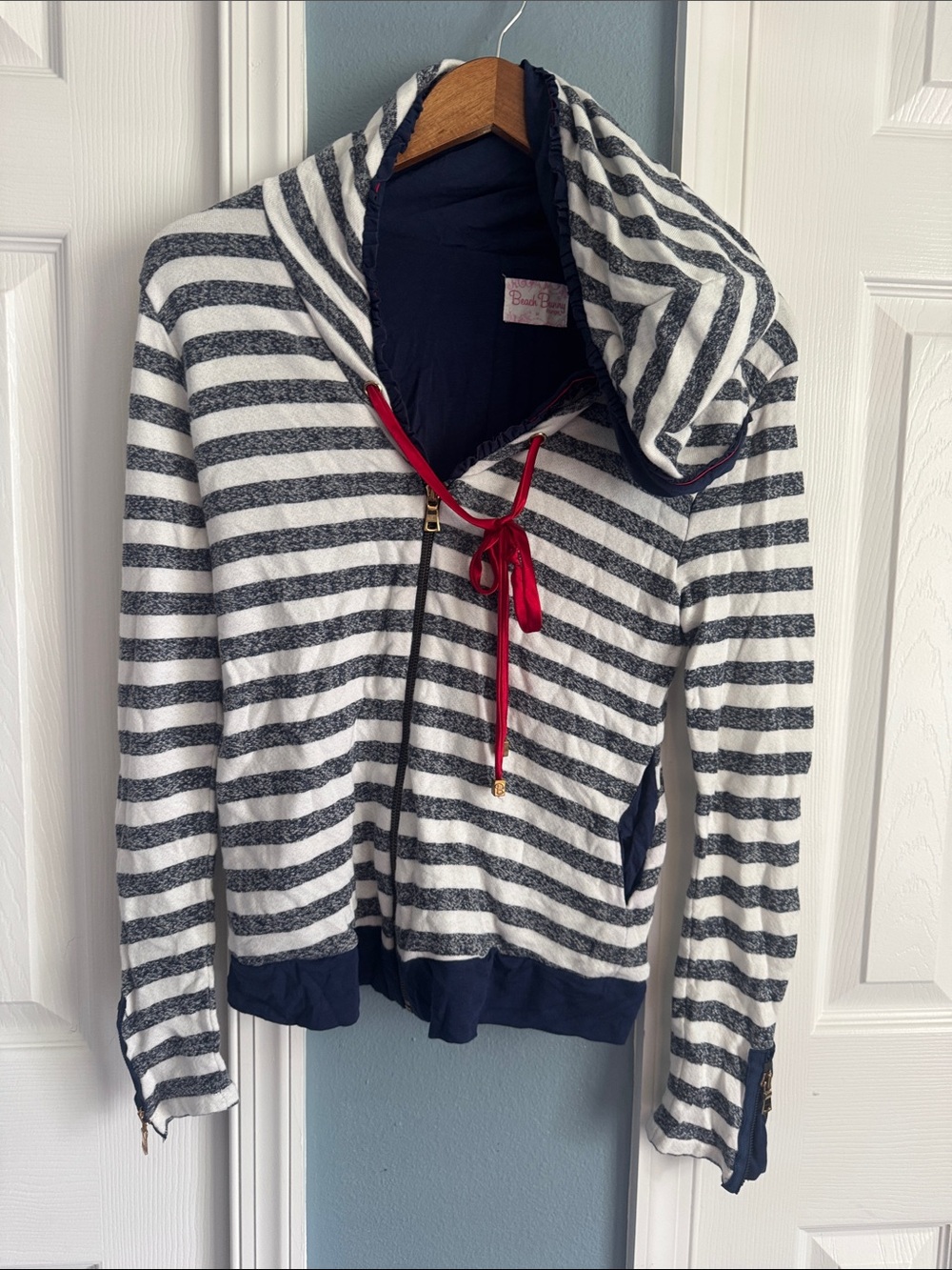 Beach Bunny Navy striped Top zip up hoodie jacket with red satin accents -medium